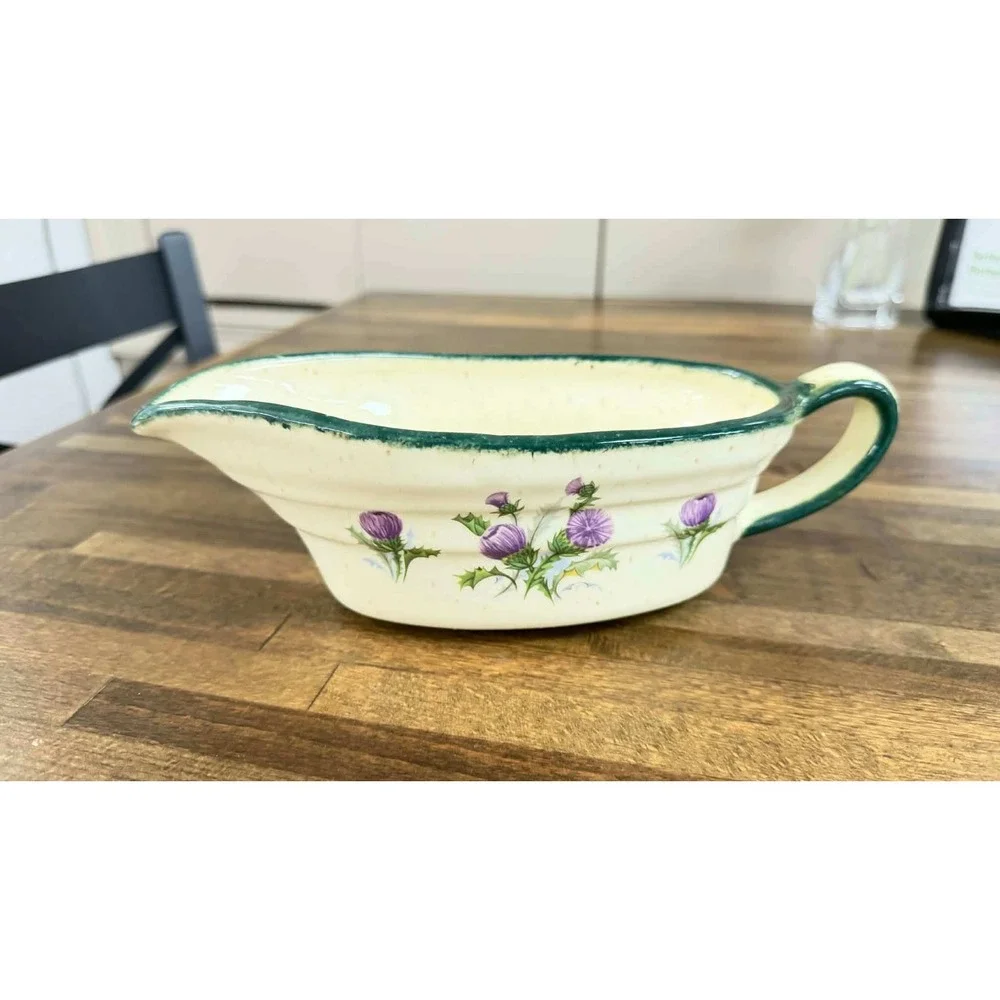 Vintage Scottish Thistle Ceramic Gravy Boat Cream Purple Floral Sauce Pitcher